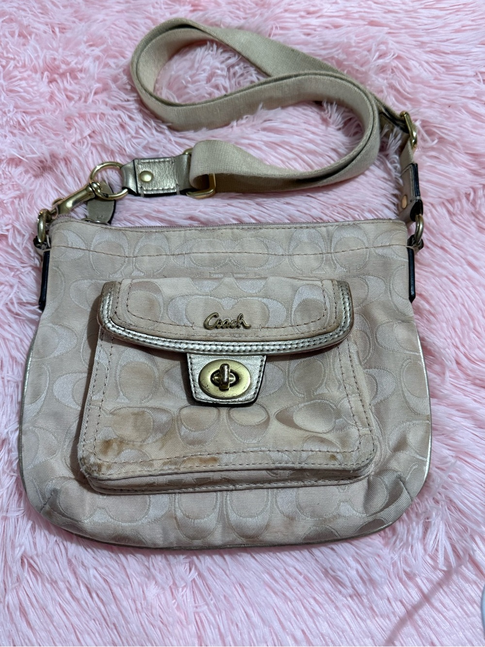 Coach Beige Signature Crossbody with Gold-Tone Hardware
